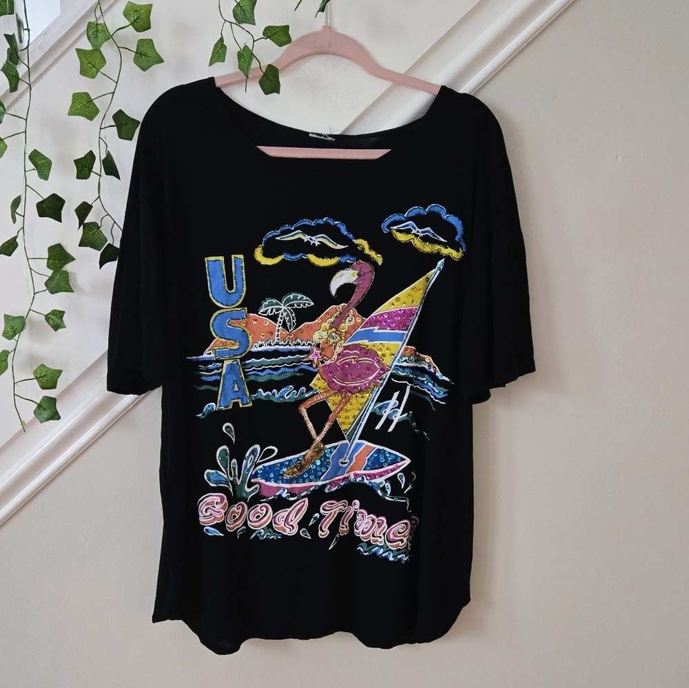 🦩VTG 80s Sequin USA Good Times Flamingo Cover Up Blouse